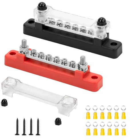 GIONAR Bloc de Distribution D'alimentation 12V-48V DC Bornier Electrique Barres de Distribution d'Énergie 150A avec 6 x M4 Boulons de Borne pour Voiture Camion Bateau 2 Pièces (Rouge Noir)