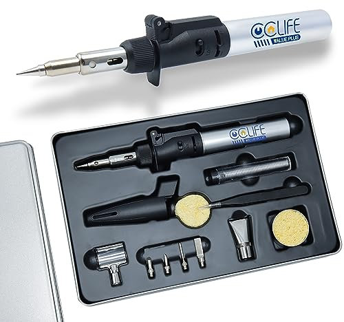 CCLIFE Soldador de Butano, Juego de 13 de Soldador Inalámbrico de Butano,Pirograbador a gas butano,para soldadura, termorretráctil, Joyería, artesanía y pasatiempos (Mejora)