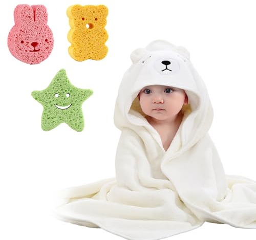 Asciugamani da Bagno Neonati con 3 Spugne da Doccia, Asciugamano con Cappuccio Extra Morbido per Bambino Piccoli, Accappatoio Super Assorbente con Simpatico Orecchie per Neonato 0-3 Anni (Orso)