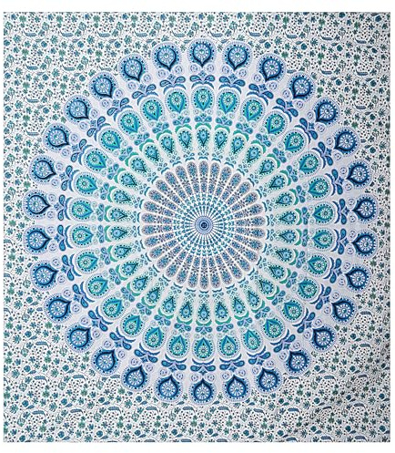 FURNISHFUL FINESSE Wandteppich, Mandala-Pfau, Himmelblau, 127 x 152 cm | Dekorative Baumwoll-Wanddecke für Wohnzimmer, Schlafzimmer oder Boho-Räume; vielseitig als Wandbehang und Heimdeko.