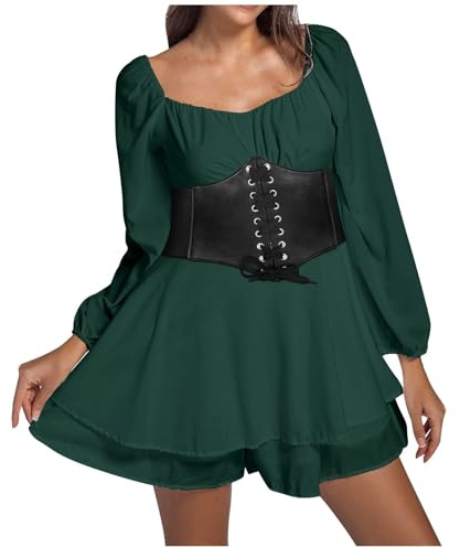 Piratenkostüm Damen Mittelalter Kleidung Sommerkleid Swing Kleid aus Chiffon Off Shoulder Rüschenkleid mit Integrierten Shorts Slash Neck Skaterkleid Einfarbiges A-Linien-Kleid Strandkleid