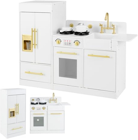 Maxmass 2 in 1 Kids Modular Play Kitchen, Wooden Toddler Toy Kitchen with Refrigerator, Dishwasher, Ice Maker, Sink, Stove, Cookware Accessories, Children Cooking Role Playset for 3+ Years Old
