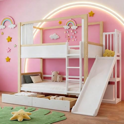 Kinder-Etagenbett mit Rutsche & Spielvorhang | Wie EIN kleines Schloss mit 2 Schubladen Maße: 90x200 cm | Material: Kiefer, MDF, Sperrholz | Farbe: Weiß + Natur