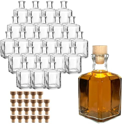 gouveo 24er Set Glasflasche 250 ml Cube mit Korken (HGK) - Schöne Flasche 0,25 l zum Befüllen - Eckiges Fläschchen für Likör, Gin, Schnaps, Öl, Vase (CFET250HGK)