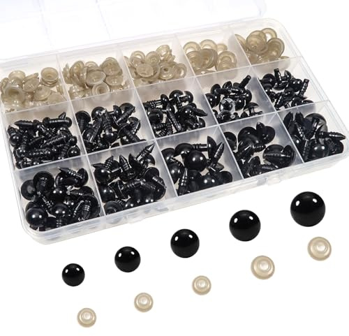 TOAOB 150 Stück Sicherheitsaugen für Häkeltiere 6-12 mm Schwarz Kunststoff | Knopfaugen mit Unterlegscheiben, für Amigurumi Basteln, Puppenaugen Teddyaugen für DIY Kreative Handwerk