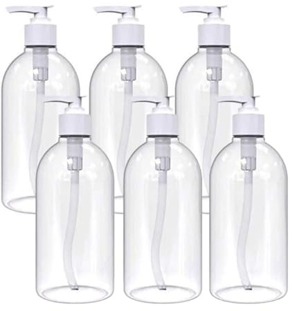 Pack of 6 Clear PET Empty Refillable Clear Bottles 500ml With Lotion Tops For Soap Gel Liquid Containers for Essential Oils, Cleaning Products, Shampoo, Lotion, With Tops