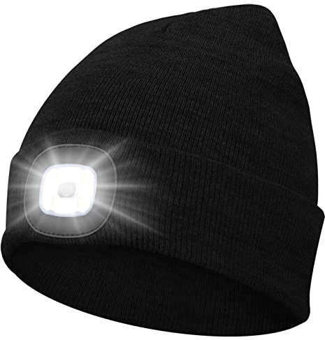 Abbicen Bonnet Lampe avec Frontale LED Tricoté Chapeau avec Phares Lumineux Hommes et Femmes Trois en Tricot d'hiver léger Rechargeables par USB