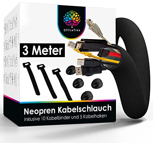 OfficeTree Neopren Kabelschlauch 3m - inkl. 10x Klettkabelbinder und 5X Selbstklebende Kabelhalter - Kabelkanal Neopren für Kabelmanagement im Gaming Setup Büro oder TV - Cable Management Sleeve