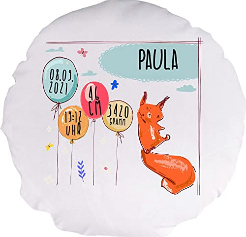 Kleckerliese Baby Kinder Kissen Personalisiert Kissenhülle Tiere Eichhörnchen Balon Wolken Name Geburt Datum Uhrzeit Gewicht, 40 cm Farbe Weiß mit Füllung