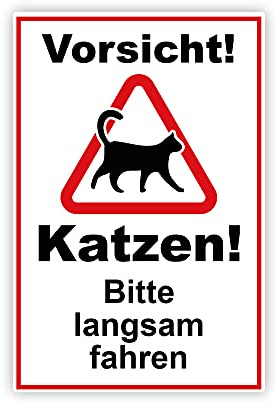 STROBO XXL Vorsicht! Katzen! Bitte langsam fahren Hinweisschild | Stabile 5mm Hartschaumplatte als 40x30cm Schild mit UV-Schutz für den Außenbereich
