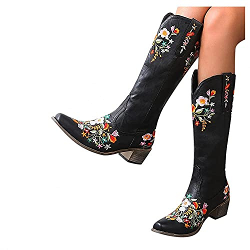Hbeylia Cowboy Boots For Women Vintage Ethnic Western Cowgirls Boots Flower Embroidered Pointed Toe Chunky Heels Mid Calf Knight Riding Boots Boho Retro Winter Fall Dress Tall Boots For Ladies