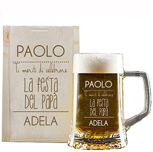 Gift Street Regalo personalizzato per la festa del papà: boccale di birra inciso con i tuoi nomi in una custodia di legno anch'essa inciso