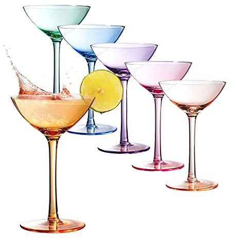 Colored Coupe Glasses Set of 6 | 12 oz Classic Cocktail Glassware for Champagne, Martini, Manhattan, Cosmopolitan, Sidecar, Crystal Speakeasy Style Goblets Stems, Elegantly Vintage Color