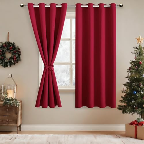 DWCN Gardinen Blickdicht Verdunklungsvorhänge mit Ösen Vorhänge Wohnzimmer | Rot, 175x140cm(HxB), 2 Stücke Thermovorhang Abdunkelnde Vorhänge mit Vorhang-Krawatten, Weihnachtsvorhänge