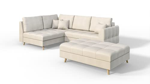S-Style Möbel Monaco Viersitziges Ecksofa mit Hocker Skandinavische Moderne Ecksofa Mikrofaser Stoff 231cm x 161cm x 81cm Modern Lose Rückenlehnenkissen Holzbeine Eckseite Links Farbe Ecru