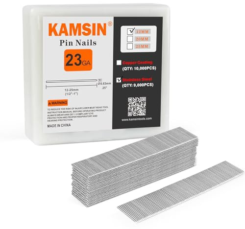 KAMSIN P612 Clavos sin cabeza, calibre 23 1/2 pulgadas (12 mm), longitud de la pierna, clavos de acero inoxidable, 9.000 unidades/caja, cierres de carpintería para clavadora neumática, pistola de uñas