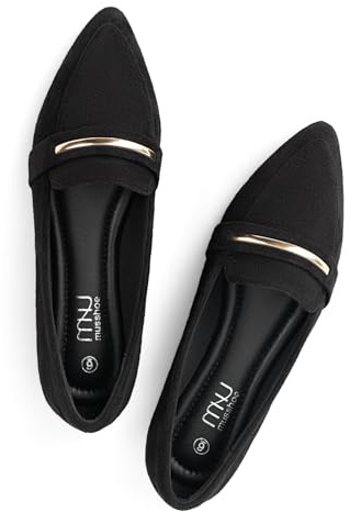 MUSSHOE Loafers for Women Pointed Toe: Dressy Gold Bit Flats, Suede BusinessCasual Slip On Shoes for Office Work,Interview & Teacher,Black 9
