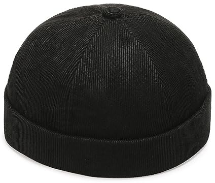 Unisex Corduroy Docker Hat Rolled Cuff Brimless Beanie Sailor Cap with Metal Buckle Adjustable, Schwarz, Einheitsgr��e