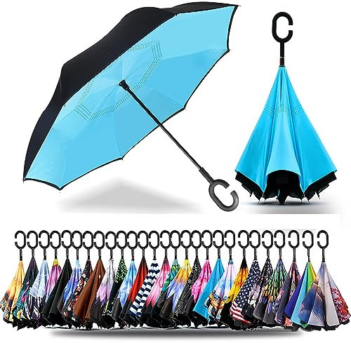 SIEPASA 124,5/142,2 cm umgekehrter Regenschirm, extra groß, doppeltes Baldachin, belüftet, winddicht, wasserdicht, Golfschirme mit C-förmigem Griff, (Blau, 142,2 cm)