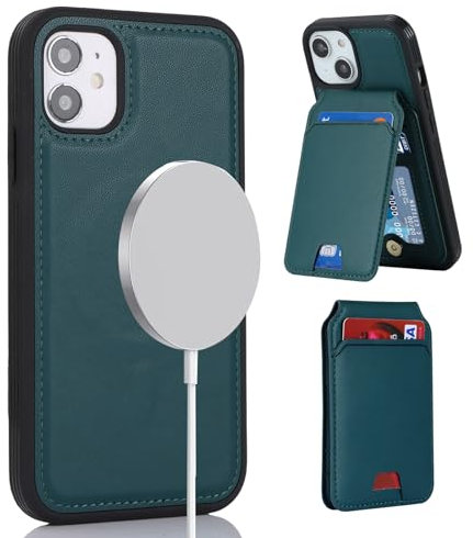 ELTEKER Handyhülle für iPhone 12/12 Pro Hülle mit Kartenfach Magnetischer Abnehmbarer Wallet Kartenhalter,Klapphülle Leder Schutzhülle - dunkelgrün