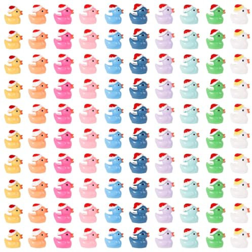AIEX 100uds Patos Navideños de Resina, Mini Patos de Resina Patitos con Gorro Navideño Pequeño Pato de Resina en Miniatura para Jardín Paisaje Decoraciones de Casas de Muñecas (Coloridos)