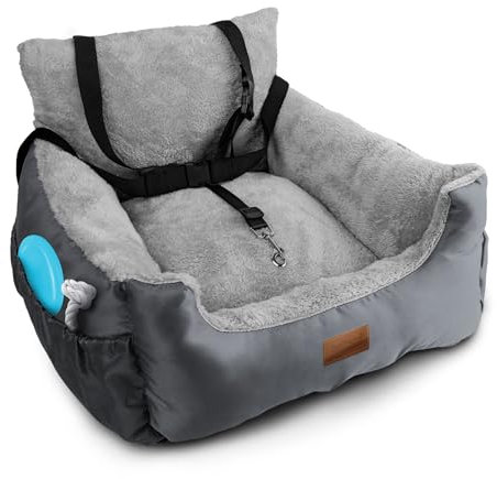 Furdreams Dog Car Seat - Plush & Cosy Pet Car Booster Seat for Small Dogs & Cats with Storage Pocket, Safety Leash, Waterproof Liner & Non-Slip Base - Grey/Grey
