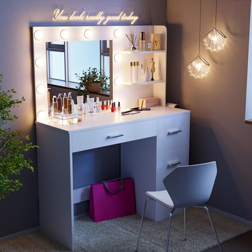 JUMMICO 35.4'' Vanity Desk with LED Lighted Mirror &Power Outlet, Makeup Vanity Table with 4 Large Drawers and 3 Storage Shelves, 3 Model Adjustable Lights for Bedroom & Dressing Room (White)