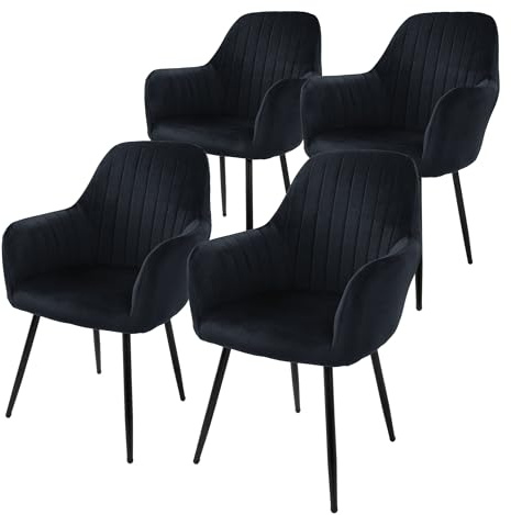 ML-Design uppsättning med 4 matsalsstolar med ryggstöd och armstöd, svart, köksstolar med sammetsöverdrag, stoppade stolar med metallben, ergonomiska stolar för matbord, vardagsrumsstolar matsalsstol