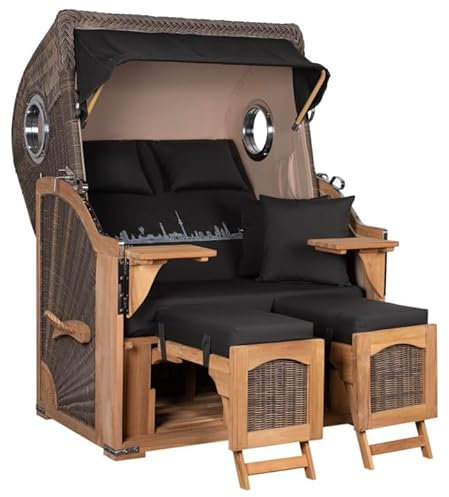 MR. DEKO® Strandkorb Düne Teak Bullauge | PE Geflecht Grey | Volllieger verstellbar | Fußablage | 2-Sitzer Strandkörbe aus Teakholz für Garten & Terrasse, fertig montiert (Dessin Skyline Berlin)
