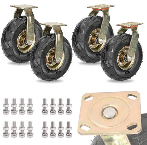 4 Stück 200mm 250mm Schwerlastrollen Industrie Transportroller, 360 Grad Drehbar Lenkrolle Mit Bremse, Keine Spuren & Leise Luftreifen Gummi Ersatz Bockrolle Mit Metallplatten (Color : Fixed+Swivel,
