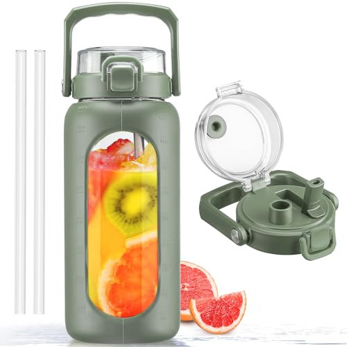 BLUEGO 64oz Glass Water Bottle with Handle and Straw, Motivational Sports Water Bottle with Time Marker and Silicone Sleeve Leakproof Drinking Bottle for Travel Gym Workout, Olive