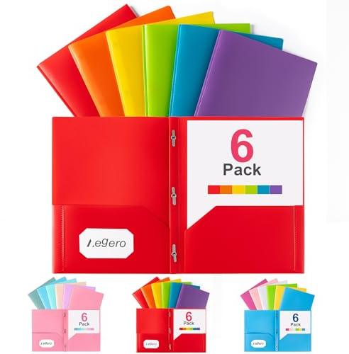 Aegero Folders with Pockets and Prong with Fasteners (6 Pack, Assorted Colors),Durable Plastic Pocket Folders with Prongs,Tear Resistant,2 Pocket 3 Prong Folders for Schoolwork & Office,Letter Size