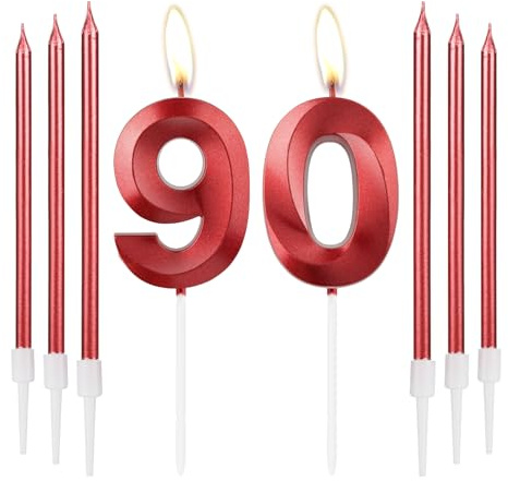 mciskin Candele per il 90° Compleanno Rosse - Design 3D Numero 90 per Torta con Set di 6 Candele Lunghe/Sottili, Decorazione Rossa per Torta per il 90° Compleanno delle Donne, Decorazioni per il 90°