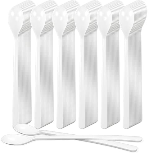 CZWESTC Long Handle Plastic Spoons, 100 Count Heavy Duty Disposable Sundae Spoons for Ice Cream Floats, Milkshakes, BPA-Free Bulk Utensils (White)