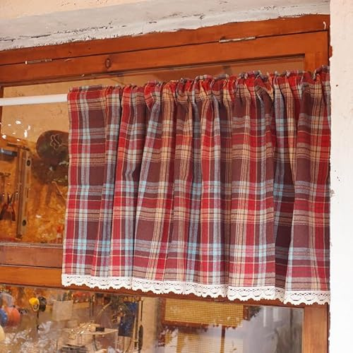 Ricemru Bistrogardine Blickdicht 60cm Hoch Rot Kariert Scheibengardinen Gardinen Landhaus Kurzgardinen Kurzvorhang Küchenvorhang Kleinfenster Küche Café Bistro,140x60