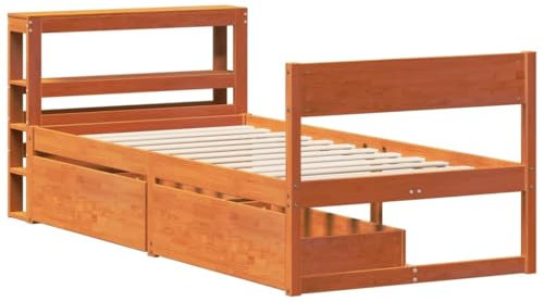 vidaXL Massivholzbett, Holzbett mit Kopfteil Schubladen Lattenrost, Einzelbett für Schlafzimmer, Bett Bettgestell, Wachsbraun 100x200cm Kiefernholz
