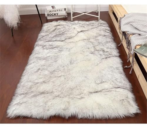 champracer Teppich plüschteppiche Waschbar Fellteppich Weiß Langflor Wohnzimmerteppich Flauschig Kunstfell Hochflor-Teppich Dekofell für Schlafzimmer,Kinderzimmer (Weiß-graue Spitze,50 * 150 cm)