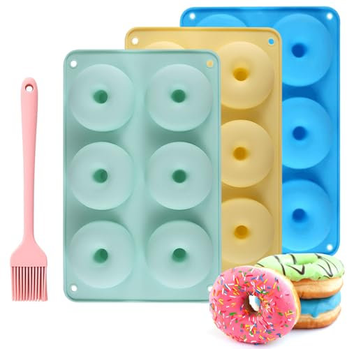YqsIbth Silicone Donut Moulds, 3 PCS Silicon Doughnut Mould, Bagel Baking Tin Muffin Cupcake Biscuit Doughnut Maker with Brush for Baking Donuts Muffins Bagels Cookies Cakes(3 Color)