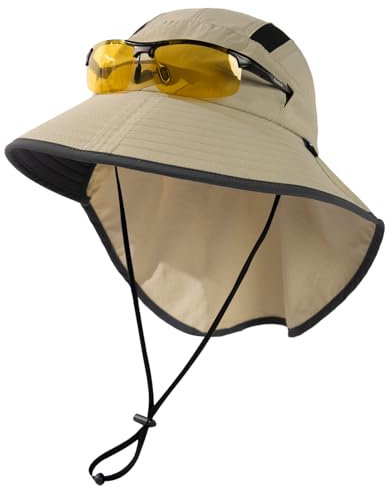 TOP-EX XL/XXL Unisex Sonnenhut Herren Breite Krempe Sonnenschutzhut mit Nackenschutz Sonnenbrillenhalter Outdoor Safari Sommerhut Wasserdicht & Faltbar Beige L/XL