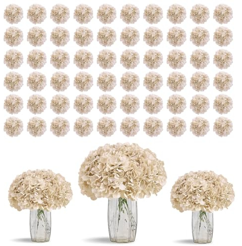 KISLOHUM 80pcs Beige Hydrangea Artificial Flowers Silk Hydrangea Heads with Stems Hydrangea Flowers for DIY Wedding Centerpiece Baby Shower Home Party Decor