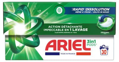 Ariel 3en1 PODS, Lessive Liquide En Capsules 30 Lavages, Original, Élimination Impeccable Des Taches En Un Seul Lavage, Dissolution Rapide Même À Froid