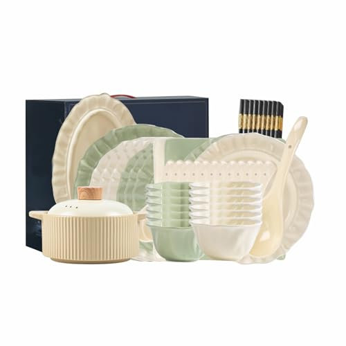 Zhixubah Set di Stoviglie Verdi Servizio di Stoviglie Porcellana Piatti Colorati Piattini Dessert Ciotola Colazione Piatti da Pizza Lavabile in Lavastoviglie, Compatibile con Forno A Microonde(58pcs)
