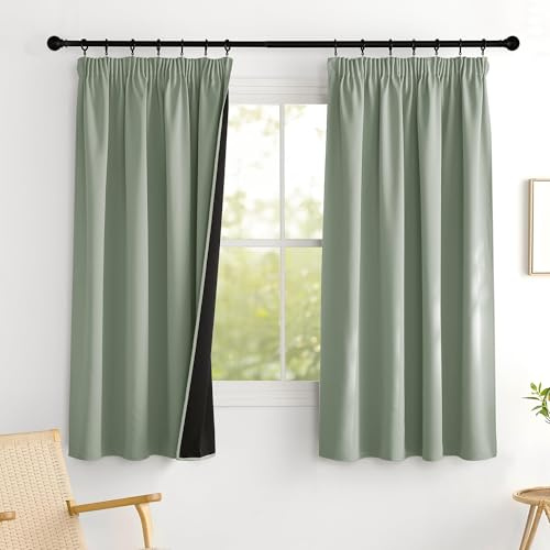 PONY DANCE 100% Blickdichte Vorhänge Wohnzimmer Thermovorhänge 2er Set | H 160 x B 140 cm, Salbeigrün, Verdunklungsvorhänge für Schienensystem, UV-Schutz, mit Kräuselband, für Kinderzimmer