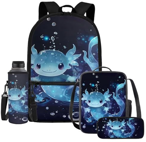 UOIMAG Sac d'école pour enfants avec sac à dos, boîte à déjeuner et porte-bouteille d'eau, trousse à crayons, Axolotl Blue Bubble, Taille unique