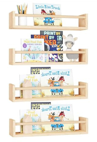 Ruspela Juego de 4 estantes flotantes de madera para libros de pared para guardería, estante de exhibición montado en la pared para el hogar, dormitorio, habitación del bebé, habitación de los niños