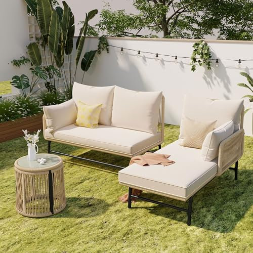 Gartenmöbel Lounge Set 3-TLG für 3-4 Personen, Lounge Möbel Outdoor mit 2 Zweisitzer Sofa und 1 Tisch, Gartengarnitur Sitzgruppe Outdoor aus Eisen Gestell und Gewebtemseil, Beige