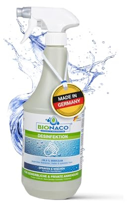 Bionaco Desinfektionmittel - Alkoholfreies Reinigungsmittel zur Desinfektion, Hygiene-Spray für Oberflächen und Gegenstände, nachhaltiger & naturnaher Wirkstoff-Komplex, Made in Germany (1L Sprühkopf)