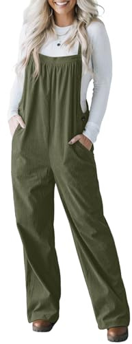 IWOLLENCE Corduroy Dungarees Women Adjustable Strap Overalls Bib and Brace Jumpsuit for Women UK Ladies Corduroy Jumpsuits with Side Buttons and 4 Pockets (Army Green, M)