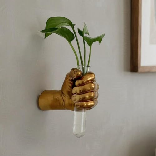 Gold Wall Sculptures, Hand Vases Home Decor, Wall Mount Art Sculpture, Unique Wall Art Statue, Funky Flower Vase Decorations, Modern Eclectic Hanging Decor,Glass Test Tube Vase
