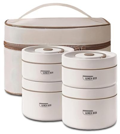 Kongming Thermo lunchlåda rostfritt stål 304 med väska och bestick 4 stycken termobehållare för mat, mat hålla varm behållare läckagesäker för hem, kontor, picknick (beige, 2 x 440 ml & 2 x 600 ml)